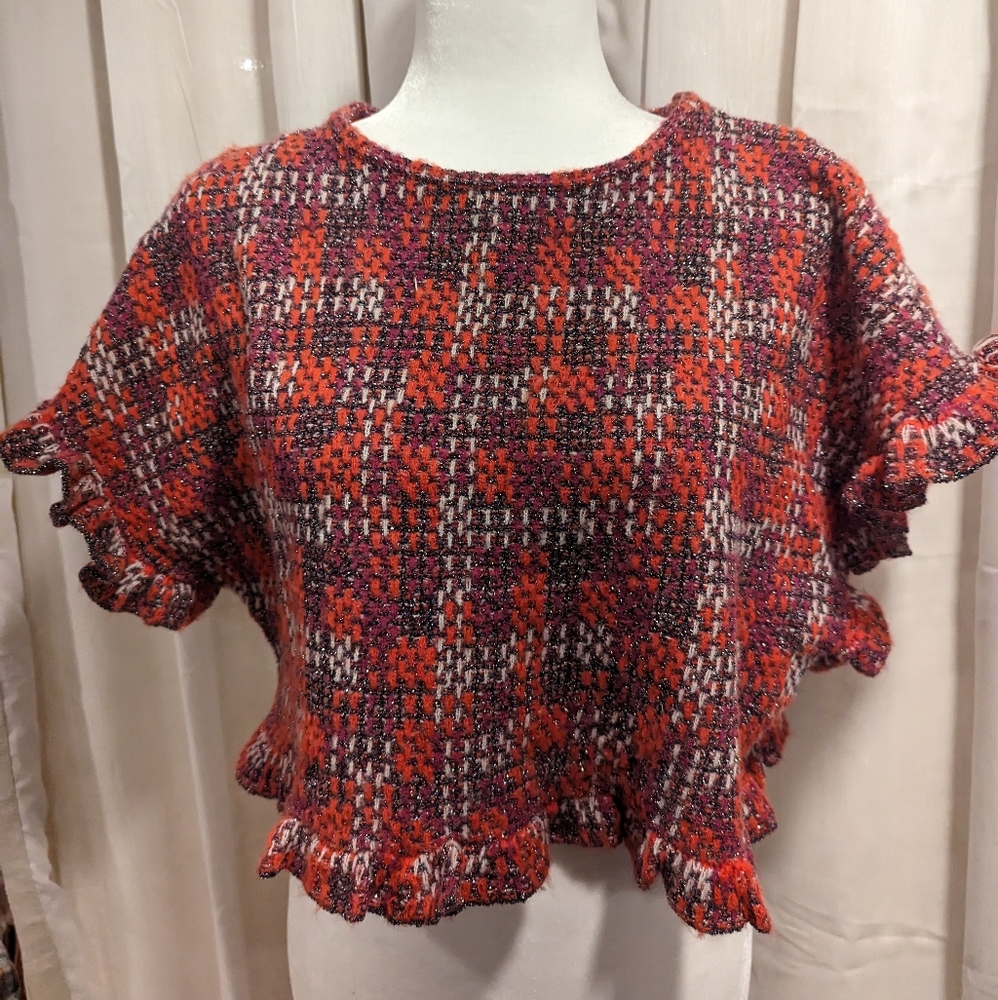 Zara Tweed Cropped Top with Ruffles - red, white and metallic black